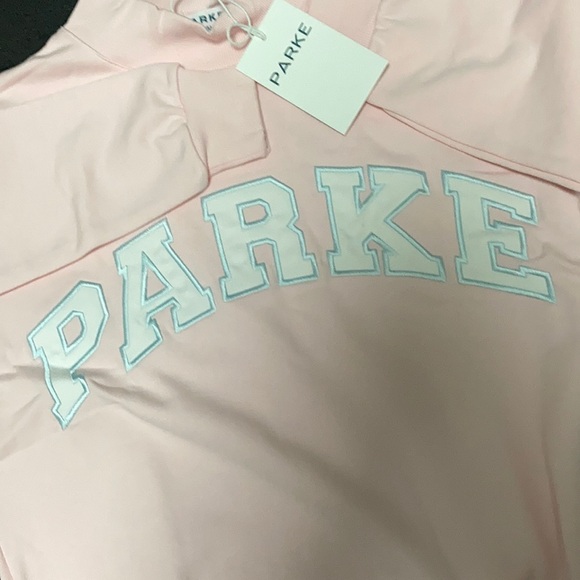 Parke Blush Pink Mock Neck Sweatershirt with Mint Varsity lettering size XXL